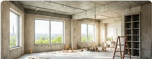 Unfinished interior with bare concrete walls, a ladder and leftover construction debris